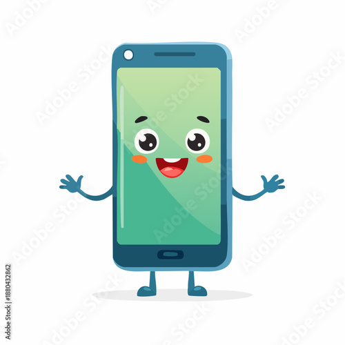 Cartoon smartphone character with smiling face and outstretched arms.