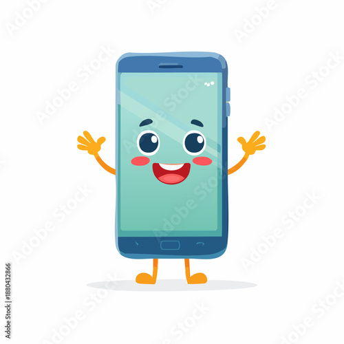 Cartoon smartphone character with smiling face and outstretched arms.