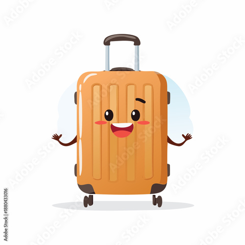 A cartoon suitcase with a smiling face and wings ready for travel.