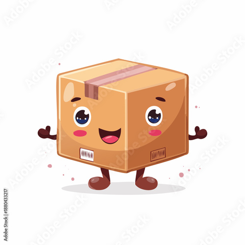 A cheerful cartoon package with a smiling face and arms and legs.