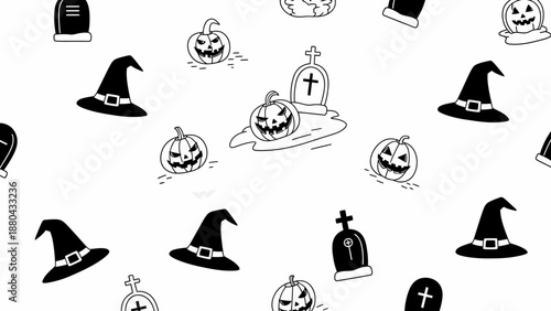 Halloween witch hat and pumpkin pattern in black and white
