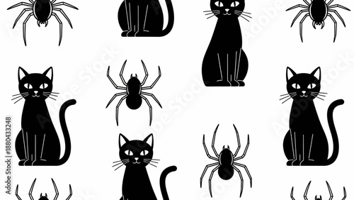 Black cats and spiders pattern in modern minimalist style