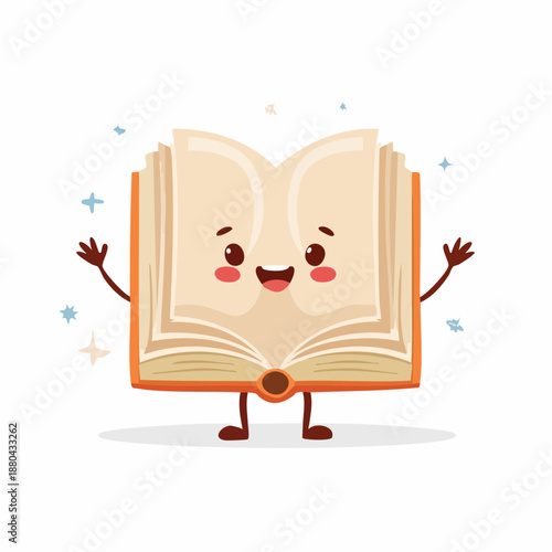 A cartoon book character with a smiling face and outstretched arms.