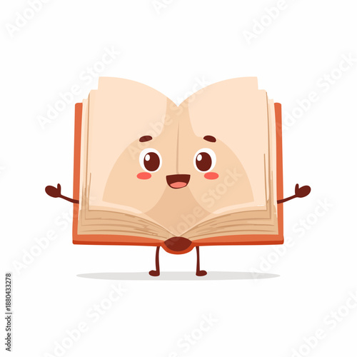 A cartoon open book with a smiling face and arms and legs.