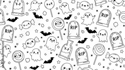 Cute Halloween elements pattern with ghosts and tombstones