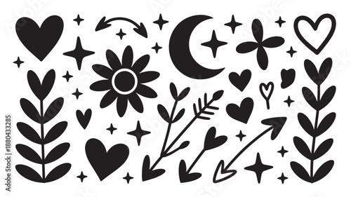 Black Silhouette Floral Elements with Hearts and Stars in Mystical Dark Mood on White Background for Graphic Design