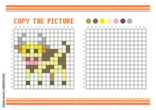 Copy the picture grid drawing worksheet for kids. Pixel art cow