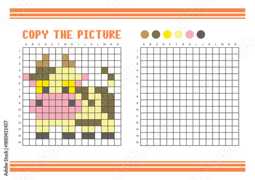 Copy the picture grid drawing worksheet for kids. Pixel art cow