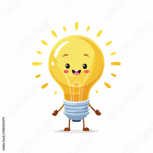 Smiling cartoon lightbulb character with glowing effect and blue base.