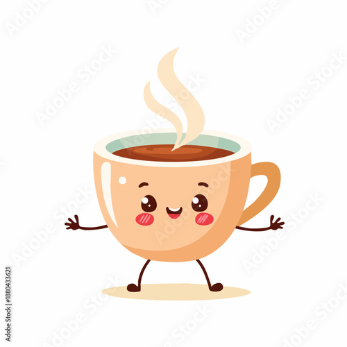 A cartoon coffee cup character with a smiling face and steaming hot beverage.