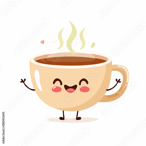A cartoon coffee cup with a smiling face and steam rising from it.