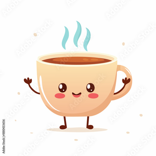 A cheerful cartoon coffee cup with a smiling face and steam rising from it.