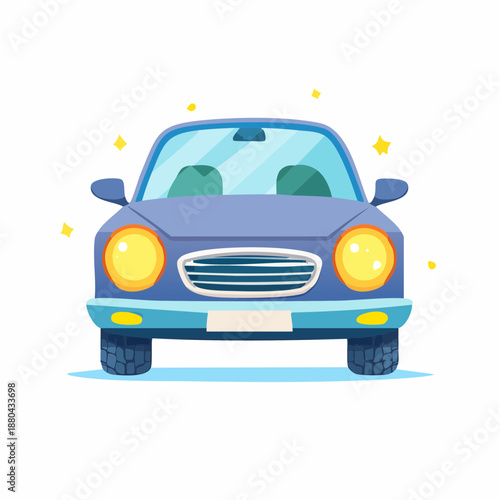 Front view of a blue car with headlights on.