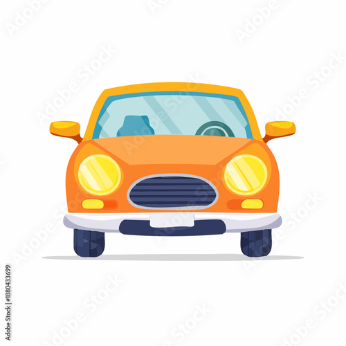 Front view of an orange cartoon car with headlights on.