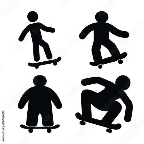 Dynamic silhouettes showcasing various skateboarder poses and actions for urban sports graphics