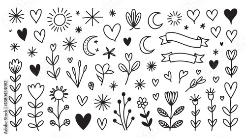 Hand-drawn floral elements with celestial symbols in minimalist black line art on white background for greeting cards