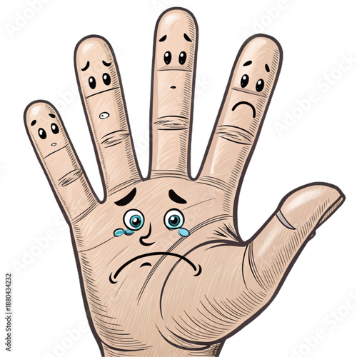 An isolated hand with five fingers, each displaying different sad emotions, conveying a sense of distress and unhappiness.