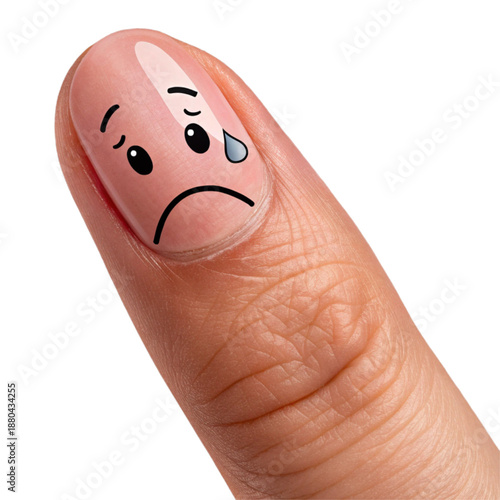 A single finger with a sadly crying face, isolated on a transparent background, conveying sadness and emotional depth.
