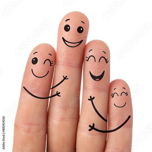 A playful and cheerful image of four fingers with smiley faces isolated on a transparent background, conveying happiness and friendliness.
