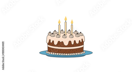 Delicious chocolate layered birthday cake with three lit candles and swirl frosting decorations on a blue serving plate.