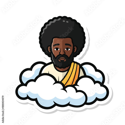 A cartoon man with afro and beard on a cloud