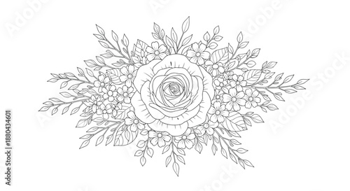 Intricate line art illustration of a beautiful floral bouquet featuring a large central rose surrounded by smaller flowers.