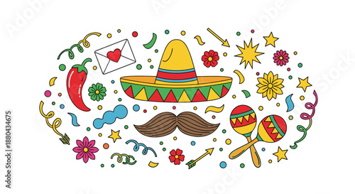 Colorful collection of mexican party elements including a sombrero maracas chili pepper and festive confetti decorations.