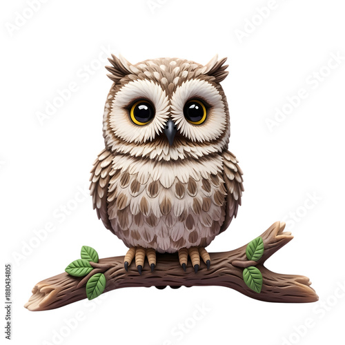Cute owl perched on branch, isolated on transparent background