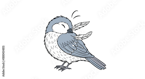 Beautiful small blue and white bird preening its feathers with its beak shown in a detailed colored pencil sketch style.