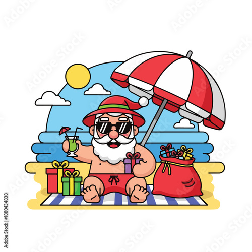 A cartoon Santa Claus on a beach with umbrella