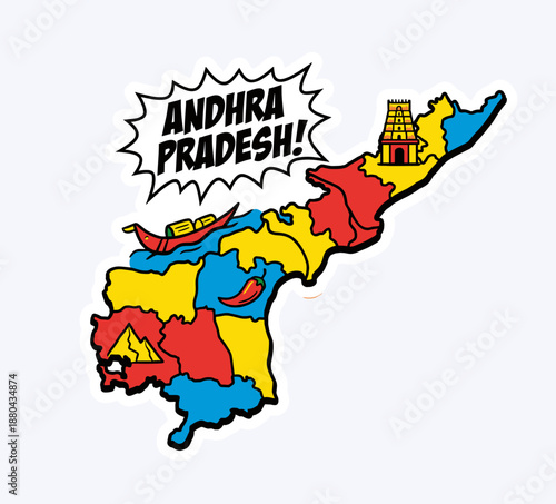 Andhra Pradesh India map vector illustration. Pop art comic style with speech bubble text and cultural icons like temple and chili. Fun cartoon geography sticker design.