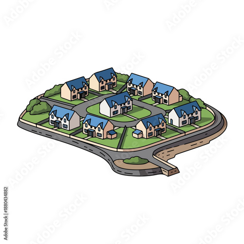 A cartoon suburban neighborhood with houses and roads