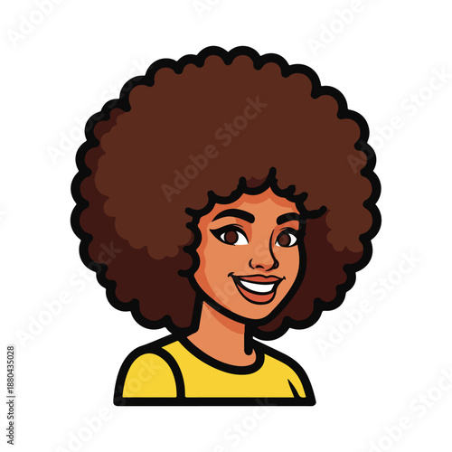 A cartoon woman with large afro and yellow shirt smiles