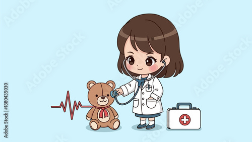 Cute girl doctor checking a teddy bear heart