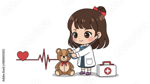 Cute girl doctor checking a teddy bear heart