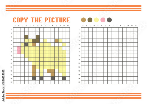 Copy the picture grid drawing worksheet for kids. Pixel art cow