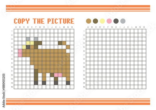 Copy the picture grid drawing worksheet for kids. Pixel art cow