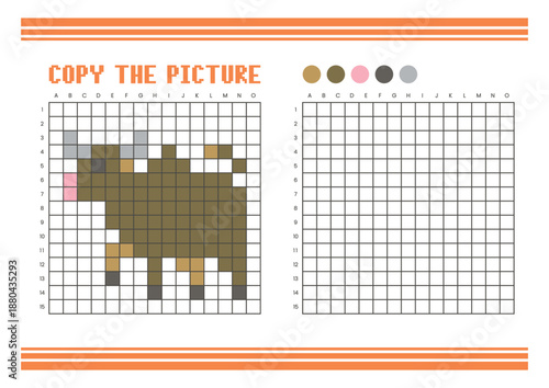 Copy the picture grid drawing worksheet for kids. Pixel art cow