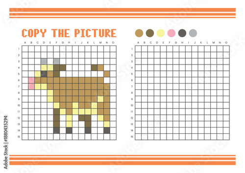 Copy the picture grid drawing worksheet for kids. Pixel art cow