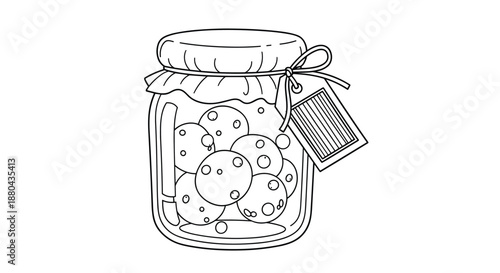 Simple glass jar filled with round cookies or candies tied with a string bow and a gift tag in a clean line art style drawing.