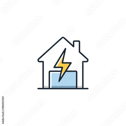 Home Electricity Icon. Residential Energy Power Management, Smart House Supply, and Storage System Logo in Line Art Style.