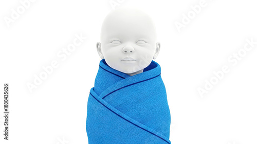 Baby mannequin wrapped in a blue swaddle blanket