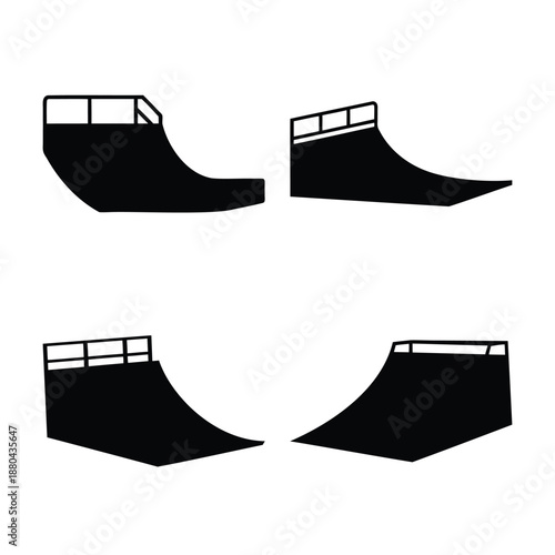 Collection of diverse black silhouette skateboard ramps and skate park elements