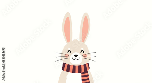 Adorable illustrated bunny rabbit face wearing a striped red and black scarf looking forward with a happy smile and closed eyes.