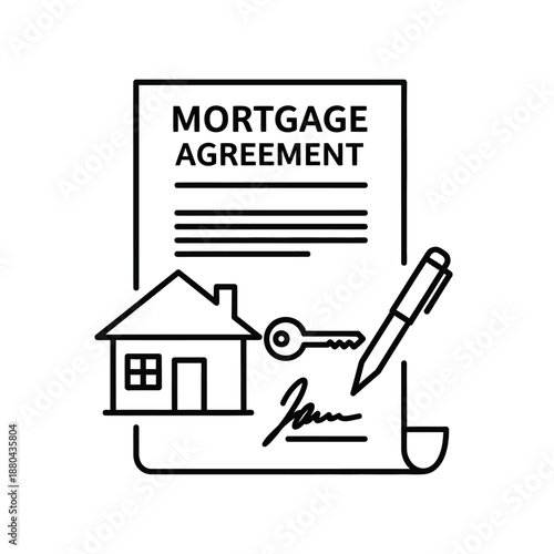 Mortgage Agreement Signing Icon - Real Estate Contract, Home Loan Document, House Purchase Outline Vector