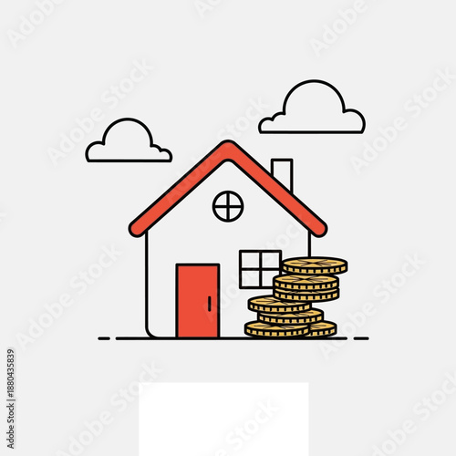 Home Mortgage, Savings, and Real Estate Investment Icon. Minimalist house illustration with stack of gold coins for financial planning.