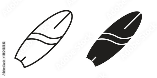 Surf board icons vector glyph and thin line. Black icons