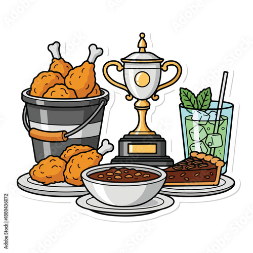 A cartoon illustration of food and a trophy on plates