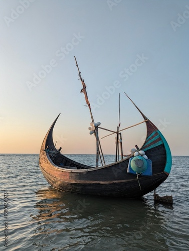 Konstfotografi Traditional Bengali Moon Boat or Sampan Floating on Calm Ocean at Sunset
