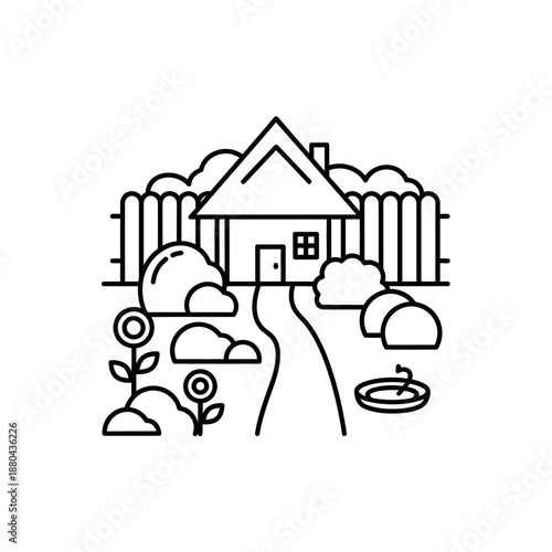 Suburban House and Garden Outline Icon. Home Landscape, Fence, and Path Line Art Vector Illustration.